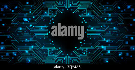 Glowing blue circuit board pattern with neon lines and tech elements on dark. Vector realistic illustration of abstract digital background with round frame, futuristic AI technology, circuit design Stock Vector