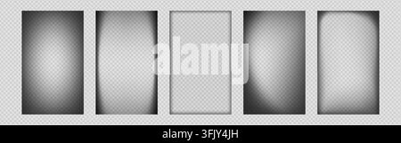 Set of dark vignette effects with black gradient borders. Vector realistic illustration of fading transparent edges for dramatic photo overlays and shadow frame designs, soft dark blur pattern Stock Vector