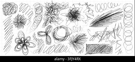 Messy black pen scratches and scribbles create abstract hand-drawn textures with chaotic lines, spirals, doodles and freehand marks perfect for grunge design project. Vector sketch on paper background Stock Vector