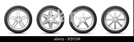 Realistic 3d tire with rubber tread and silver metal rim, side view vector illustration on white background. Black wheel with alloy part for automotive repair shop design and car part catalog Stock Vector