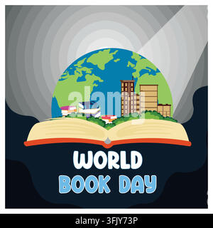 World book day 23 april. Stack of colorful books with open book on teal background. Flat vector modern illustration Stock Vector