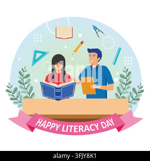 People celebrate international literacy day and happy student day by working on computers and reading books. Flat vector modern illustration Stock Vector