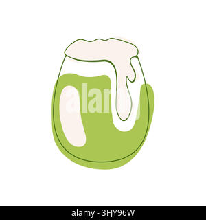 Matcha latte glass with creamy swirl foam, green tea beverage in line art style, isolated drink vector illustration for cafe menu and packaging. Stock Vector