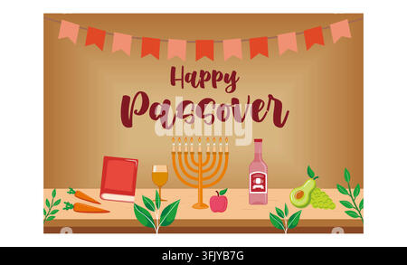Happy easter horizontal banner with vegetables, holy bible and drink. flat vector modern illustration Stock Vector