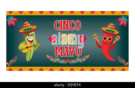 Cinco de Mayo banner with cheerful mustachioed cactus shaking maracas, cheerful chili in sombrero playing guitar. flat vector modern illustration Stock Vector