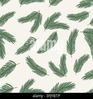 Cozy Christmas pine branch seamless pattern isolated on white background. Minimalist eco spruce twig vector texture for winter wallpaper Stock Vector