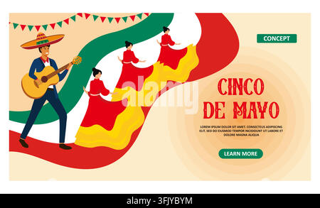 Men and women take part in the parade on the occasion of Cinco de Mayo. flat vector modern illustration Stock Vector