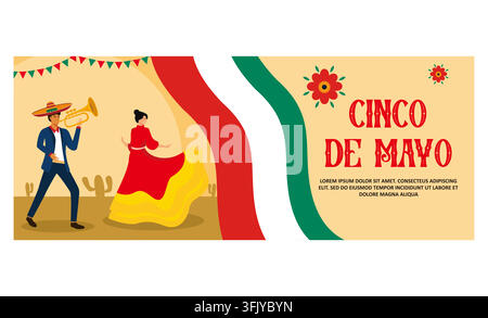 Mexican Cinco de mayo holiday paper cut banner with female dancers and mariachi musicians. flat vector modern illustration Stock Vector