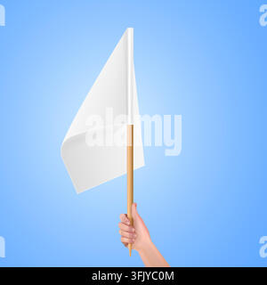 Hand hold white flag. Realistic arm holding small empty blank flags on wooden stick surrender concept 3d template isolated vector illustration original artwork Stock Vector