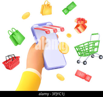 3d mobile shopping. Online shop phone digital store sale, hand hold smartphone buy shop bag cart gift coupon discount voucher internet commerce market realistic vector illustration original artwork Stock Vector