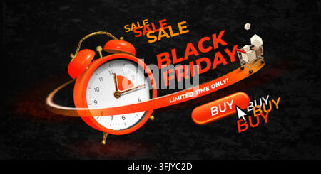 Black friday alarm. Limited time offer, big sale shopping slash discount promotion announcement red clock timer shop cart goods creative ad poster 3d realistic vector illustration original artwork Stock Vector