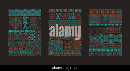 Aztec tribal posters. Mexican Maya ethnic ornament, geometric line pattern peru native american inca mayan african traditional texture background abstract art vector illustration original artwork Stock Vector