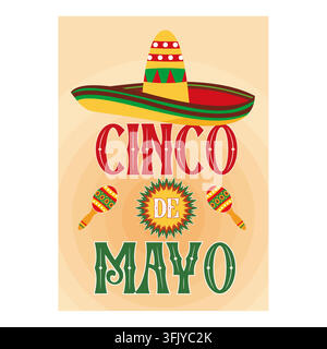 Cinco de Mayo emblem design with letters, sombrero and maracas holiday symbols. flat vector modern illustration Stock Vector