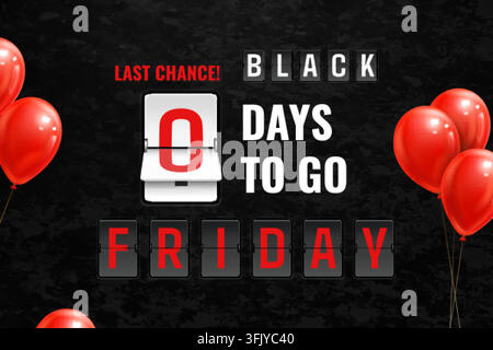 Black friday timer. Flip board countdown, big sale scoreboard analog time count down shopping week last day alarm discount special offer poster 3d realistic vector illustration original artwork Stock Vector