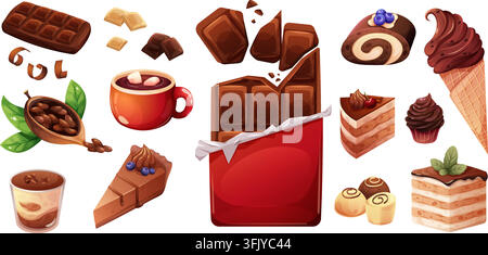 Chocolate desserts. Cocoa sweet dessert, candy cupcake biscuit cake pie cream square bite bar hot drink cup coffee snack tiramisu cartoon cute isolated icon set vector illustration original artwork Stock Vector