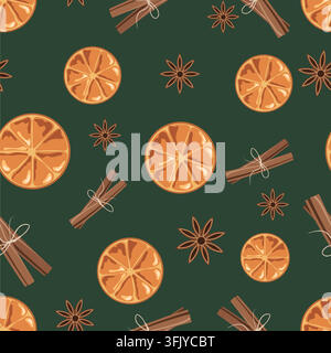 Dark Christmas spice seamless pattern with cinnamon sticks star anise and dried orange slices on green background vector winter wallpaper Stock Vector