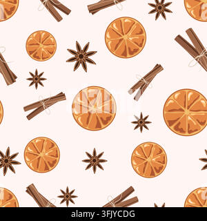 Cozy Christmas spice seamless pattern with cinnamon sticks star anise and dried orange slices vector background for holiday paper Stock Vector