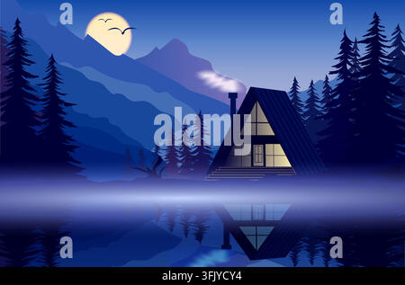 Vector illustration of a cabin by a lake under a night sky with mountains and a full moon Stock Vector