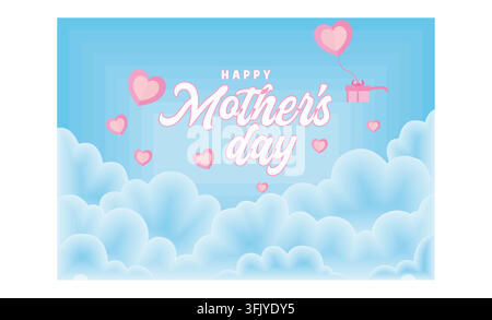 Mother's day with flying paper elements and gift boxes. Heart shaped love symbol on blue sky background. Flat vector illustration. Stock Vector