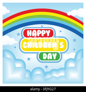 Rainbow in blue sky and white clouds. Happy Children's Day. Flat vector illustration. Stock Vector