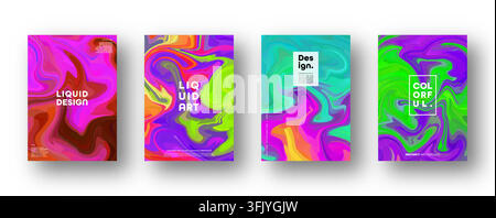 Colorful liquid abstract posters with vibrant fluid gradient shapes. Modern psychedelic marble backgrounds for covers, banners, brochures, flyers Stock Vector