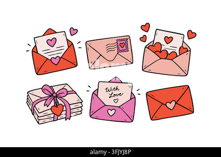Colorful collection of love letters, envelopes, hearts and romantic notes decorated with ribbons and stamps. Cheerful hand drawn set for Valentine Stock Vector