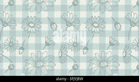Seamless floral pattern with hand drawn daisy blossoms and buds layered over a soft sage green gingham check background, combining botanical charm Stock Vector
