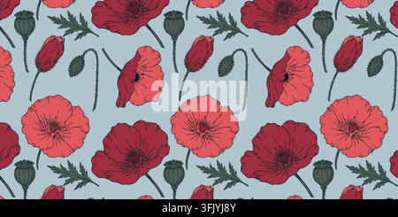 Seamless floral pattern with hand drawn red poppy flowers, closed buds, seed pods, stems and green leaves arranged on a soft blue background Stock Vector