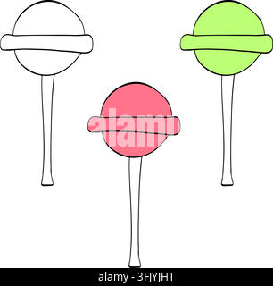 lollipop on white plastic stick. Isolated sweet candy. Isolated icon hand drawn illustration. Vector graphic line ink art. Perfect for kids designs, p Stock Vector