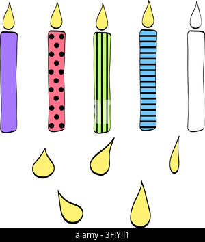 birthday candle icon with burning flame Isolated icon hand drawn illustration. Vector graphic line ink art. Perfect for kids designs, prints, cards an Stock Vector