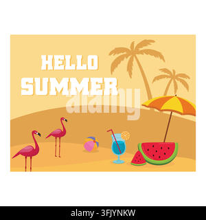 Hello summer text with colorful elements. Flat vector modern illustration Stock Vector