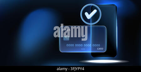 Secure online payment banner with credit card and smartphone mockup on dark blue background. Vector realistic illustration of mobile banking poster design with financial security check and light spots Stock Vector