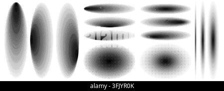 Vector halftone patterns set. Black dot gradients in circular and oval shapes. Noise geometric shadows with grunge texture, fades and grainy transitions isolated on white background Stock Vector
