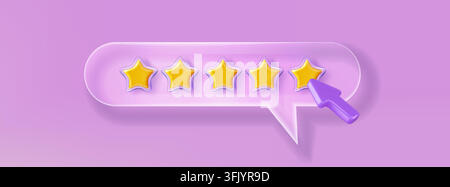3D five star rating icon with glass review bubble for customer feedback surveys. Vector satisfaction score sign with yellow stars and cursor, quality evaluation badge, hotel app ui in plastic style Stock Vector