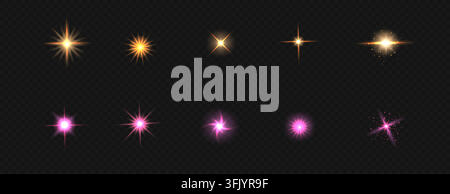 Purple star flare effect, light flash with golden rays and shining sparkles, vector realistic glints isolated on transparent background. Magical lens glare and glowing twinkle with color beams Stock Vector