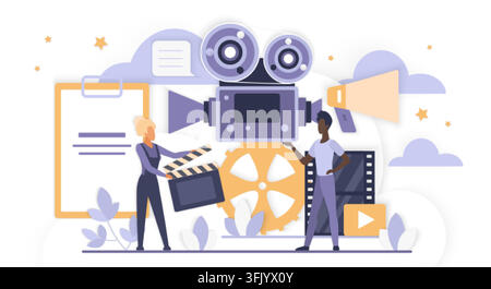 Modern cinema production concept with filmmakers, camera, clapperboard, film reel and spotlight for movie creation, editing and media workflow isolated on white background vector illustration Stock Vector