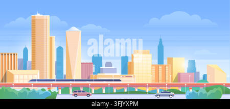 Modern city panorama with passenger train, skyscrapers, highway cars, green trees and bright daytime skyline in flat urban style isolated on white background vector illustration Stock Vector