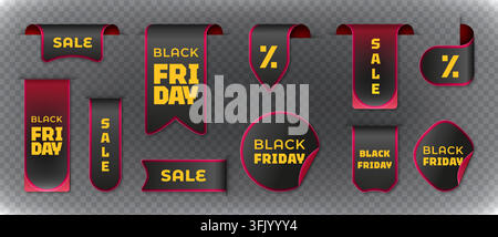 Big sale stickers set isolated on transparent background. Vector realistic illustration of promotional discount badge, patch with peeled edge, ribbon label for limited offers, clearance campaigns Stock Vector