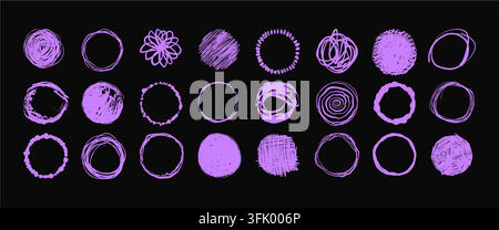 Hand-drawn circle scribbles and doodles in purple. Sketch pen strokes and scratch lines, messy round frames. Vector illustration set for creative designs and highlights isolated on black background Stock Vector