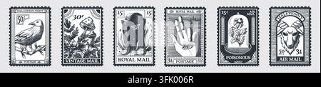 Vintage Halloween postage stamps collection with hand-drawn postal frames. Mystical witchcraft vector elements in retro style. Spooky tombstones and raven for holiday mails. Old engraved set Stock Vector