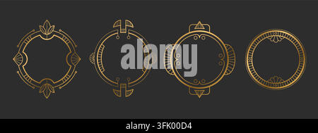 Elegant art deco circle frames with golden border and geometric ornament. Vector vintage luxury design elements for premium labels and decorative badges. Round retro templates isolated on black Stock Vector