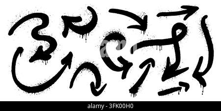 Bold graffiti arrows with paint drips and spray textures. Urban street art elements in black ink style with grungy brushstrokes and splatter effects. Hand drawn vector isolated on white background Stock Vector