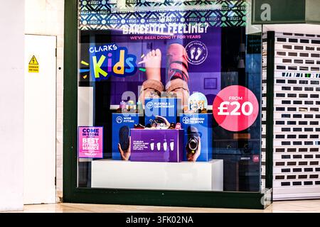 London, UK, September22 2026, Clarkes Shoe Shop Window Dispaly Promoting Childrens and Kids Footwear On A British High Street Stock Photo