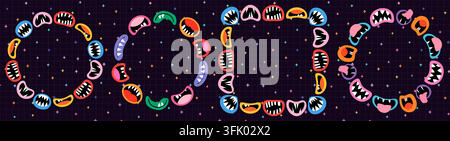 Colorful monster mouths circle and square vector borders, Funny frames for Halloween invitations and party designs Stock Vector