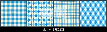Blue vector seamless patterns set with gingham, plaid and diamond shapes designs for Oktoberfest and Father's Day backgrounds, banners and cards Stock Vector