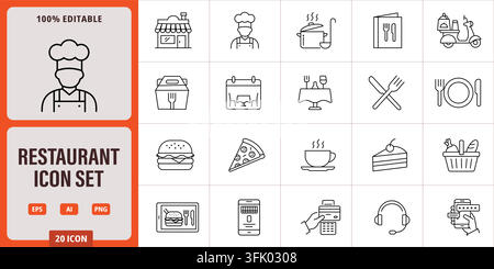 Restaurant and food delivery icon set, thin line style vector illustration for mobile apps, websites, and digital menus featuring cooking, dining, and Stock Vector