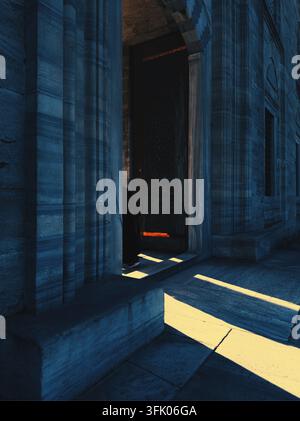 Strong geometric light shadows on historic mosque gateway Stock Photo