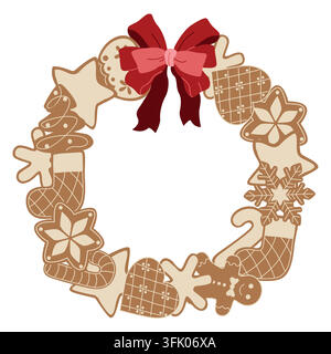 Hand-drawn Christmas wreath with red bow made of iced gingerbread cookies with winter holiday decor for cards, packaging, menu Stock Vector