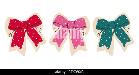 Cute polka dot Christmas bows with borders hand drawn vector set for festive greeting card decoration Stock Vector