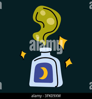 Magic potion bottle with spooky smoke hand drawn vector icon for sticker design Stock Vector